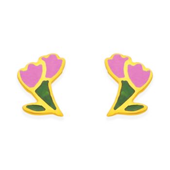 Gold Flower Bouquet-Shaped Enamel Earrings For Kids