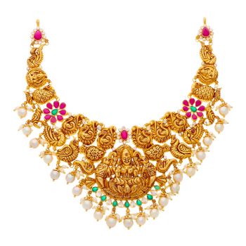 Antique Gold Necklace Embellished with Rubies and Emeralds