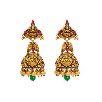 Antique Lakshmi with Ruby & Emerald Stones Jhumkas