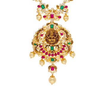 Gold Lakshmi Haaram Embellished with Ruby & Emerald