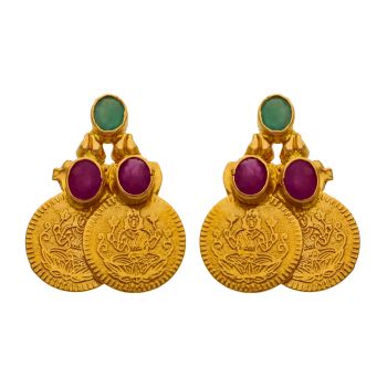 Timeless Beauty: 22kt Gold Lakshmi Coin Earrings with Stunning Stones